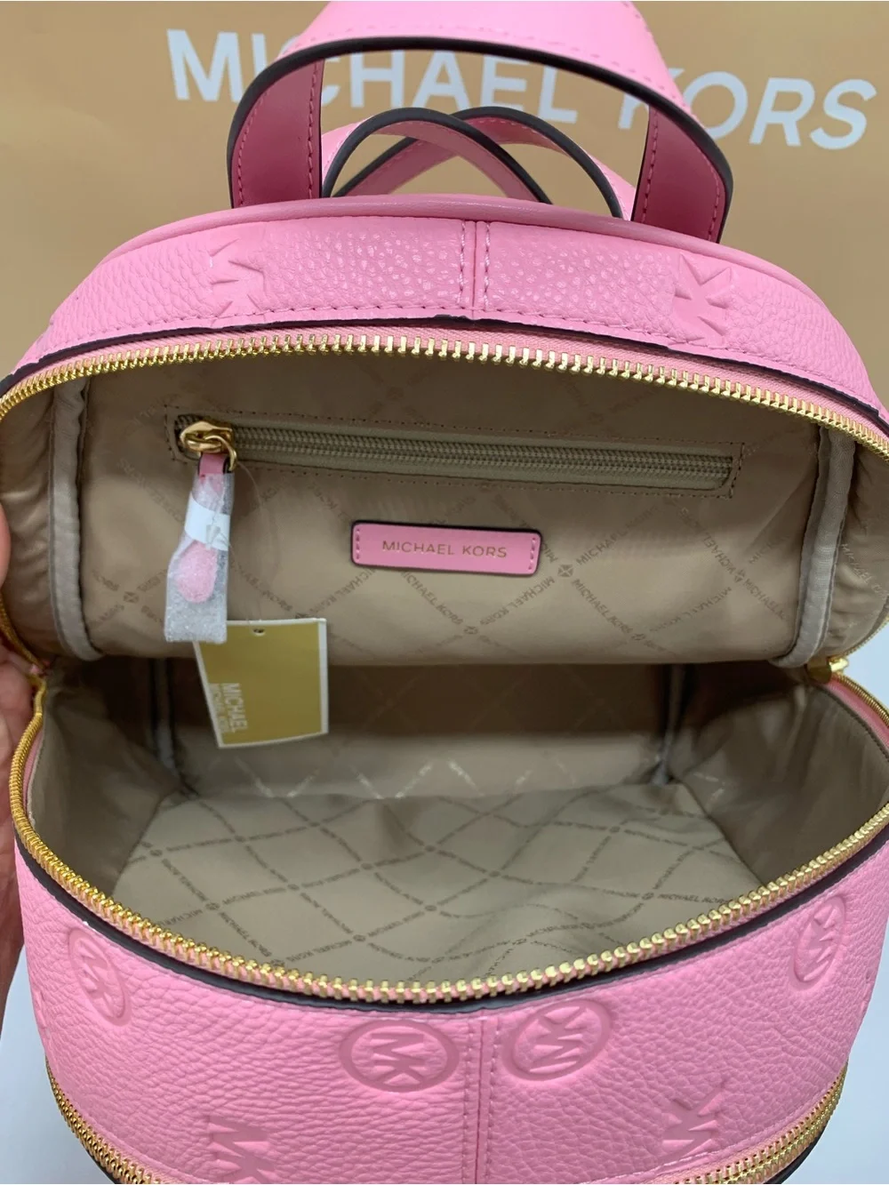 Michael Kors Rhea Carnation Medium Leather Backpack with Gold Hardware